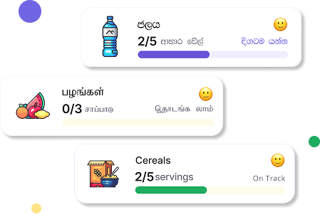 Multilingual meal progress cards in Sinhala, Tamil, and English